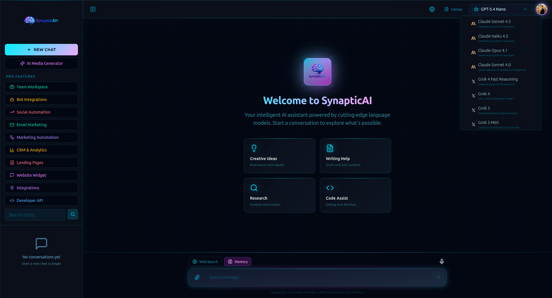 SynapticAI Dashboard - Multi-model AI chat interface with GPT-5, Claude 4, Gemini 2